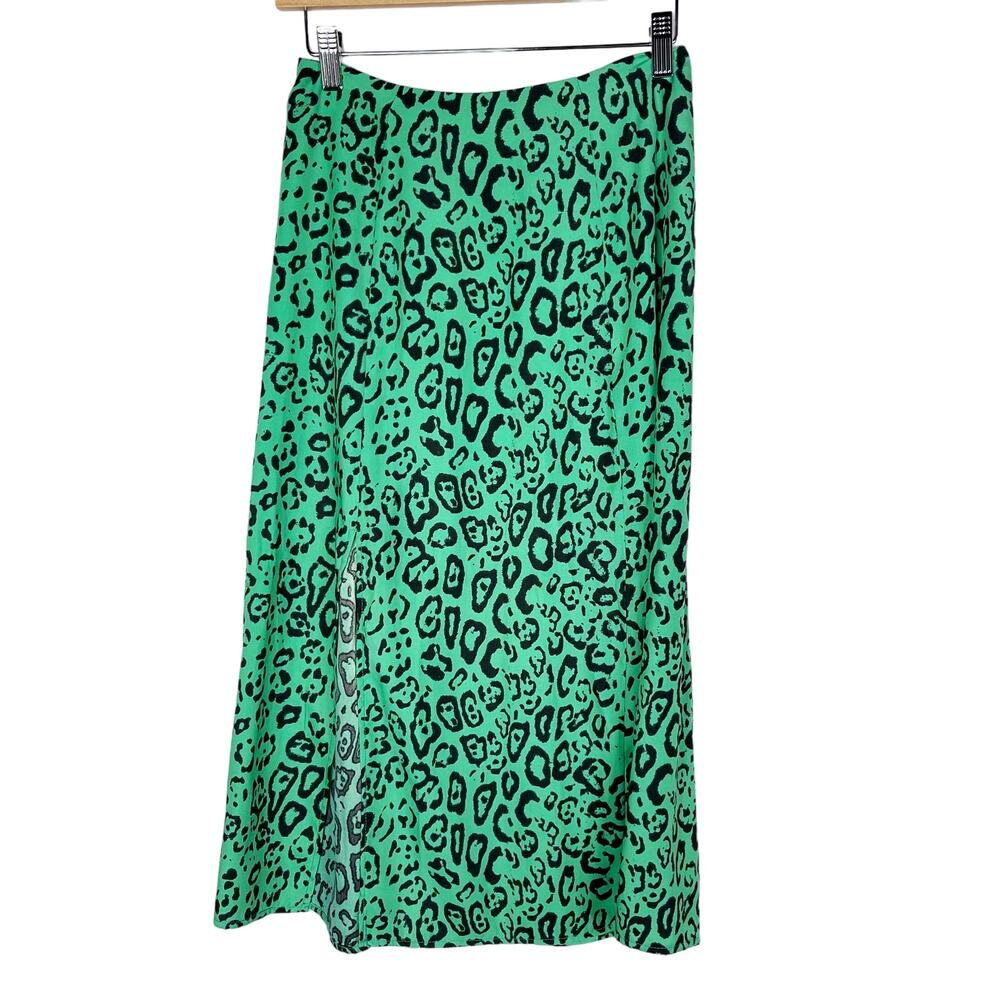 WAYF XSmall Green Black Altamont Leopard Print Midi Skirt High Side Slit Animal